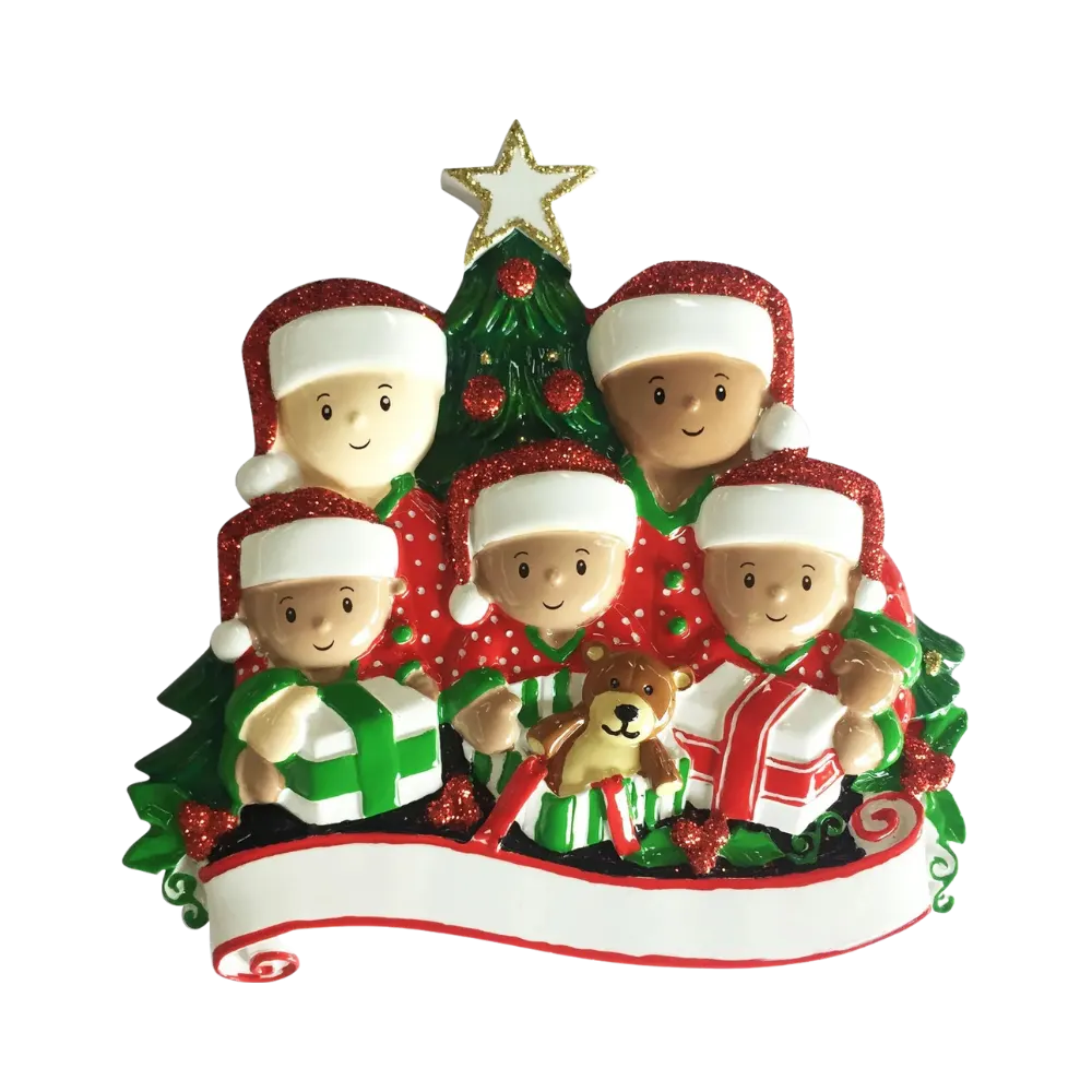MR1523-5 - Interracial Family of 5 Opening Presents Personalised Christmas Decoration