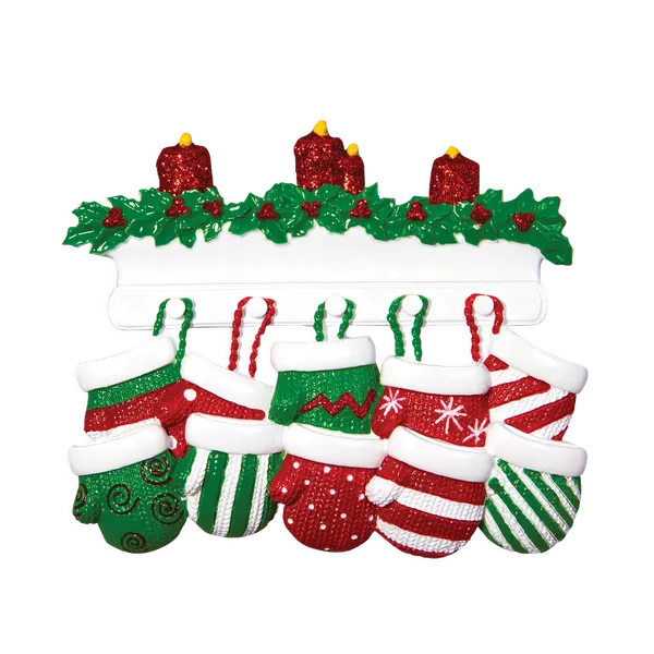 OR1570-10 - Red & Green Mitten Family of 10 Personalised Christmas Decoration