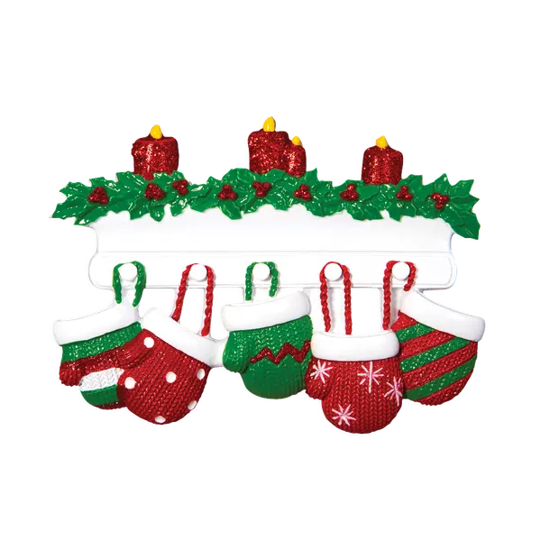 OR1570-5 - Red & Green Mitten Family of 5 Personalised Christmas Decoration