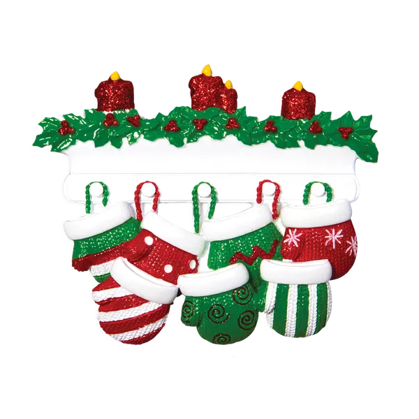 OR1570-7 - Red & Green Mitten Family of 7 Personalised Christmas Decoration