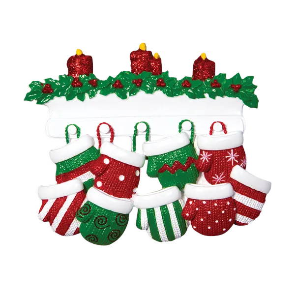 OR1570-9 - Red & Green Mitten Family of 9 Personalised Christmas Decoration