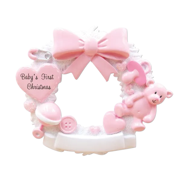 OR1640-P - Baby Christmas Wreath (Pink) Personalised Christmas Decoration