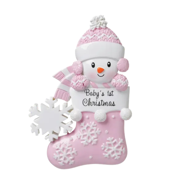 OR1738-P - Snow Baby in Stocking (Pink) Personalised Christmas Decoration