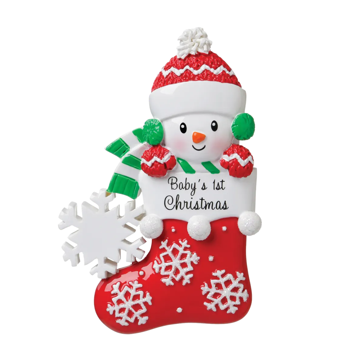 OR1738-RG - Snow Baby in Stocking (Green/Red) Personalised Christmas Decoration