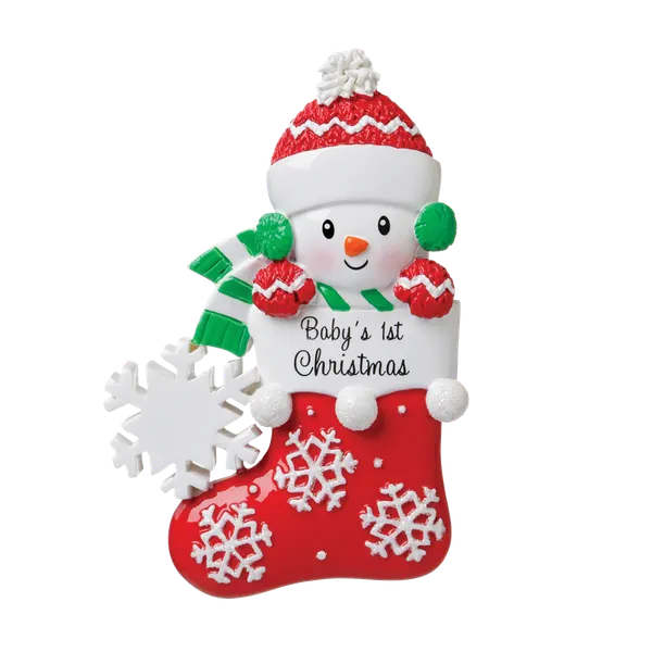 OR1738-RG - Snow Baby in Stocking (Green/Red) Personalised Christmas Decoration