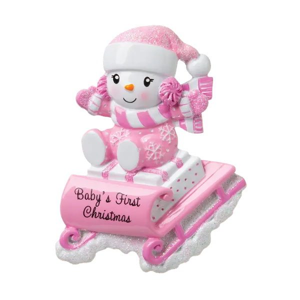 OR1742-P - Snowbaby On Sled (Pink) Personalised Christmas Decoration