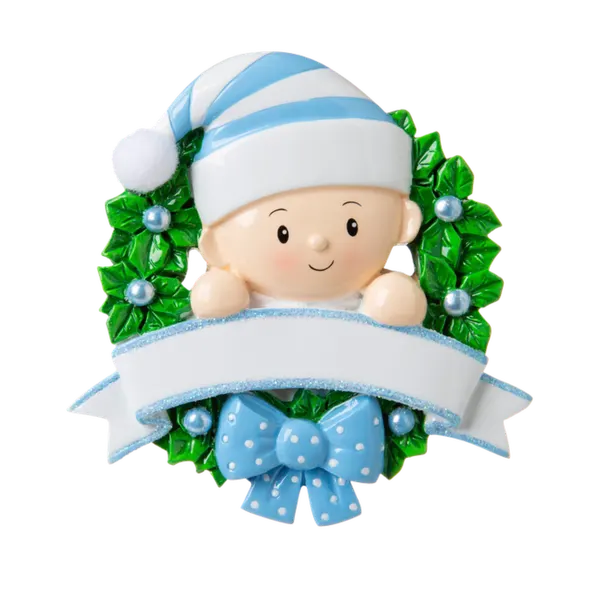 OR1746-B - Baby in A Wreath (Light Blue) Personalised Christmas Decoration