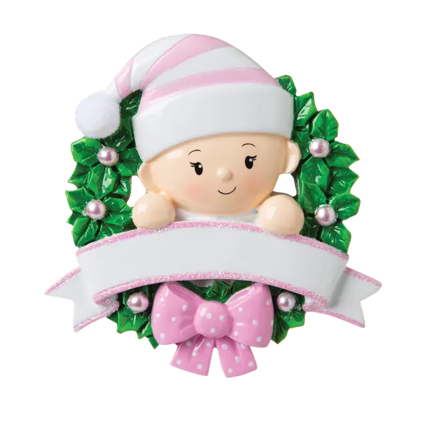 OR1746-P - Baby in A Wreath (Pink) Personalised Christmas Decoration