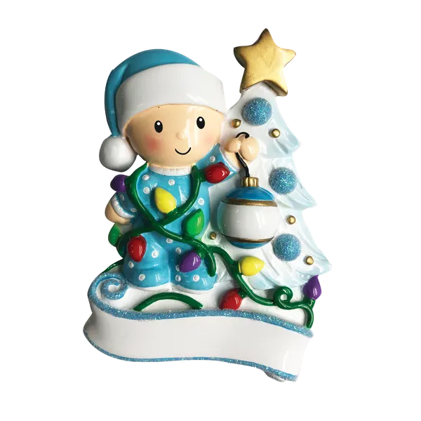 OR1847-B - Baby Decorating A Tree (Light Blue) Personalised Christmas Decoration