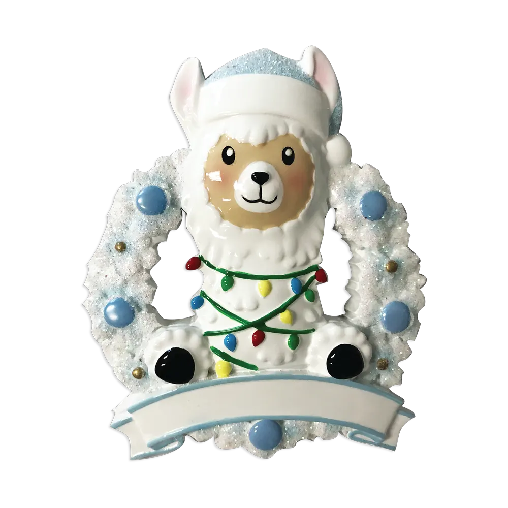 OR1903-B - Llama in Wreath (Blue) Personalised Christmas Decoration