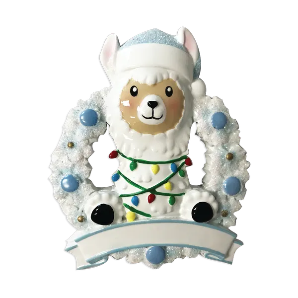 OR1903-B - Llama in Wreath (Blue) Personalised Christmas Decoration