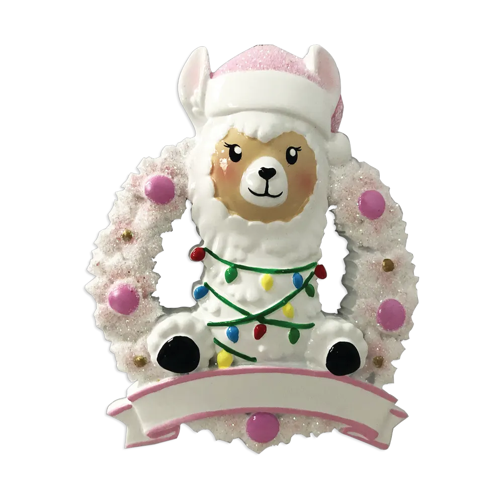 OR1903-P - Llama in Wreath (Pink) Personalised Christmas Decoration