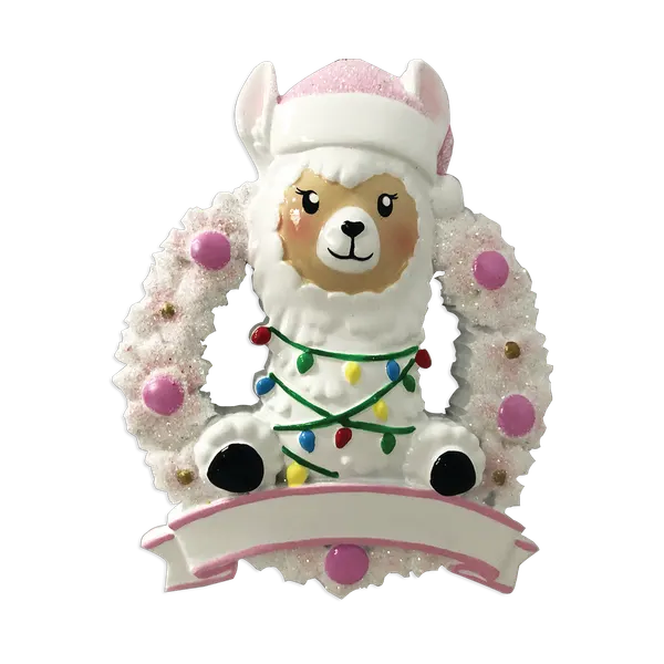OR1903-P - Llama in Wreath (Pink) Personalised Christmas Decoration