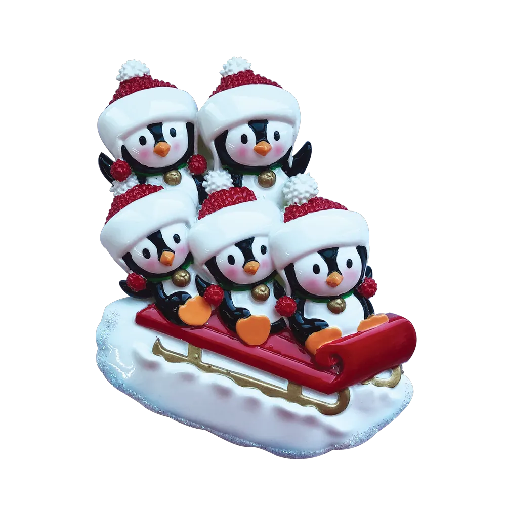 OR1915-5 - Penguin Family of 5 On Sled Personalised Christmas Decoration