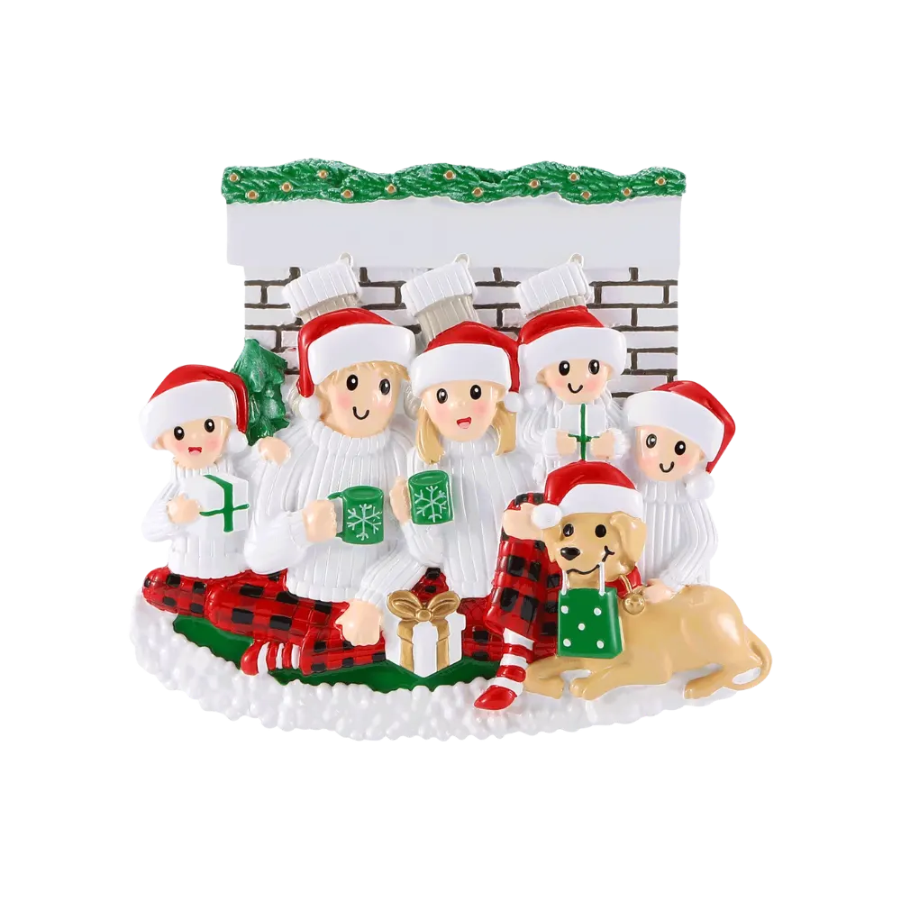OR2461-5 - Sitting in Front of Fireplace (Family of 5) Personalised Christmas Decoration