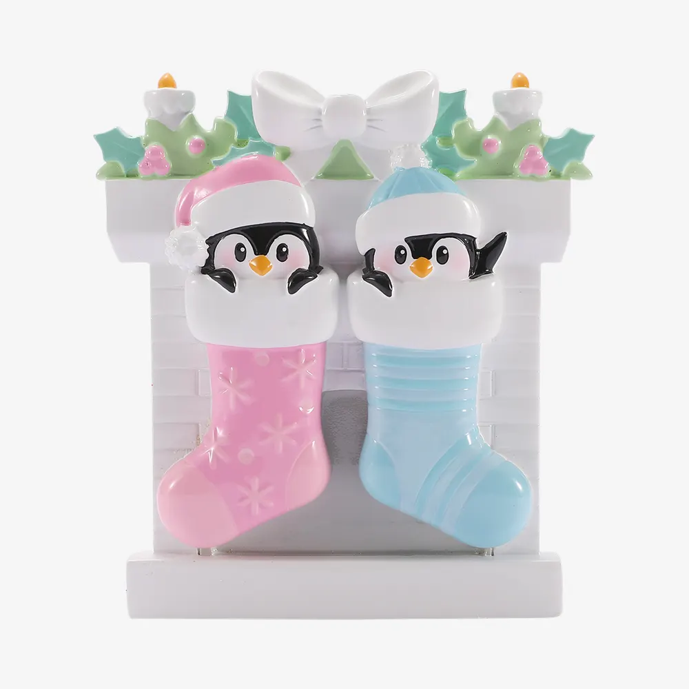 OR3216-A - Twin Baby Penguins Hanging in Stocking on a Fireplace - Assorted(4 Boys, 4 Girls, 4 Boy and Girl)