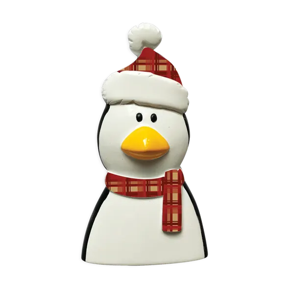 P18-03-013 - Penguin With Plaid Scarf And Hat Personalised Christmas Decoration