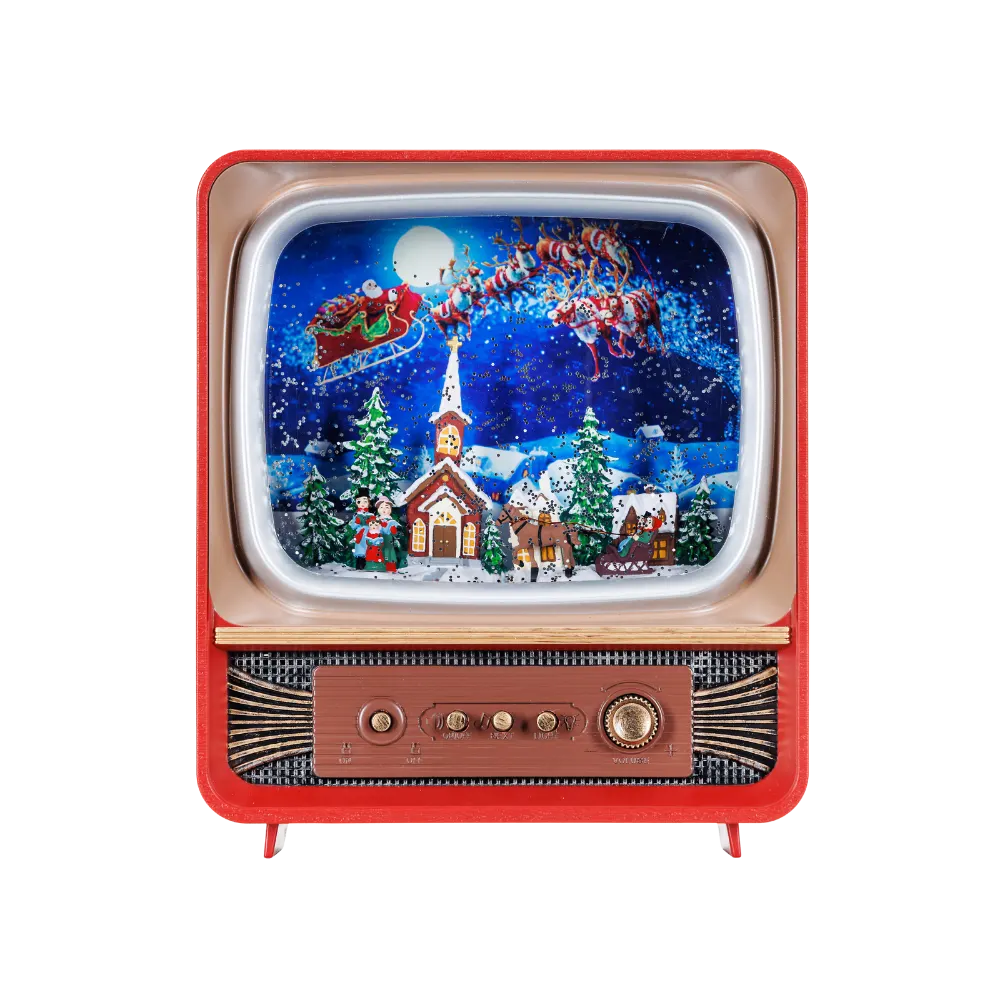 SG21016 - 10"H LED Flying Santa & Carolers Plastic Water Globe TV Glitter Spinner