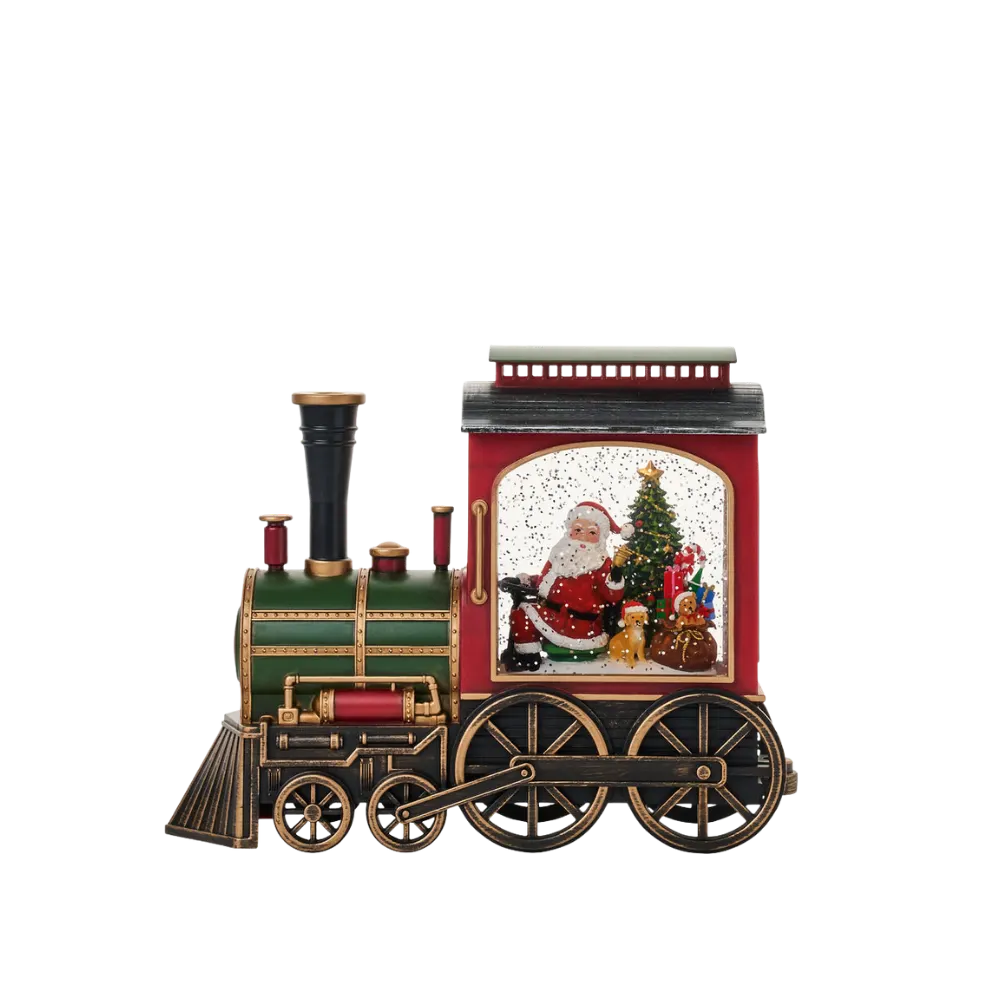 SG23161 - 7.75"H x 9.5" x 3" LED Santa & Xmas Tree in Train Plastic Water Globe Glitter Spinner